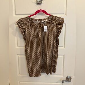 LOFT Brown and Cream Ruffled Blouse
